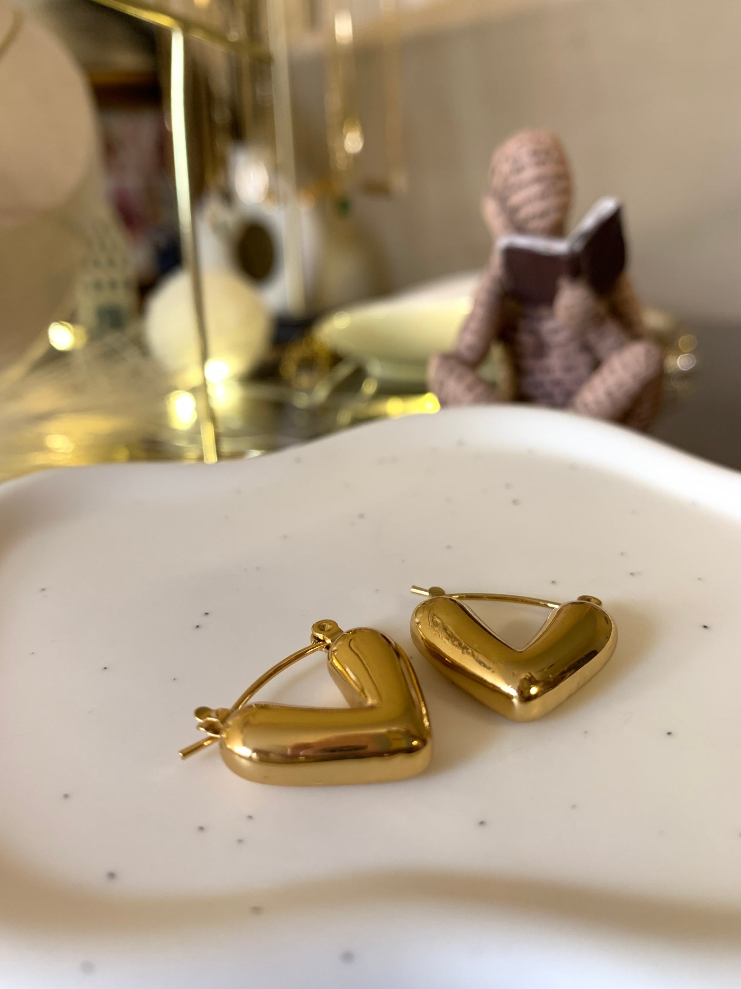 Golden Puff Heart Hoops
