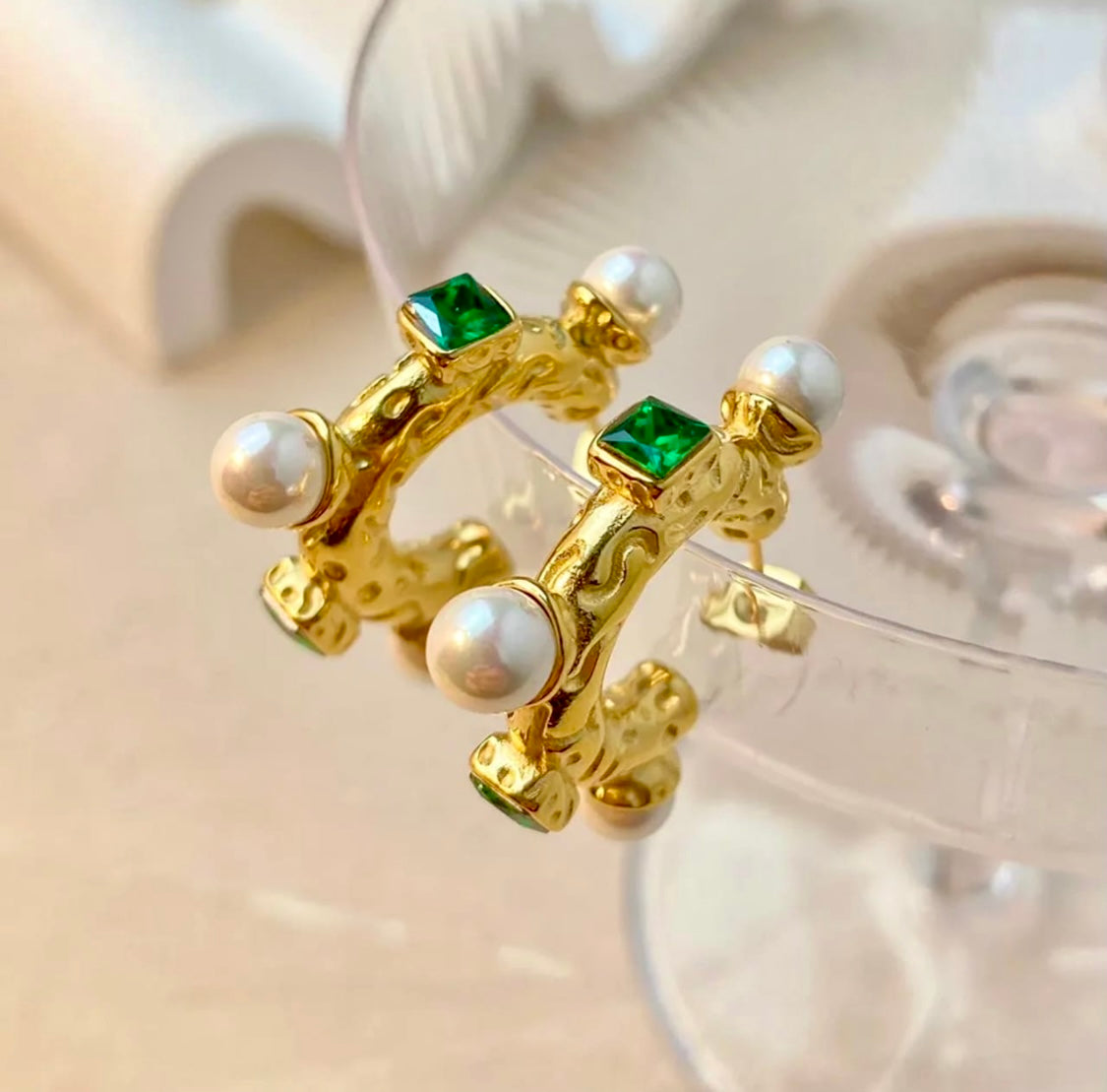 Emerald Pearl Hoops