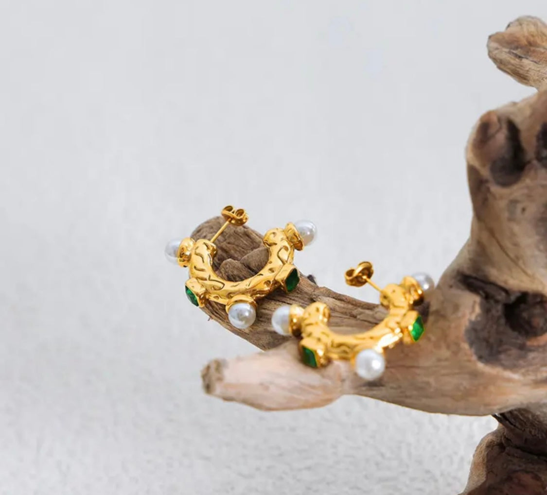 Emerald Pearl Hoops