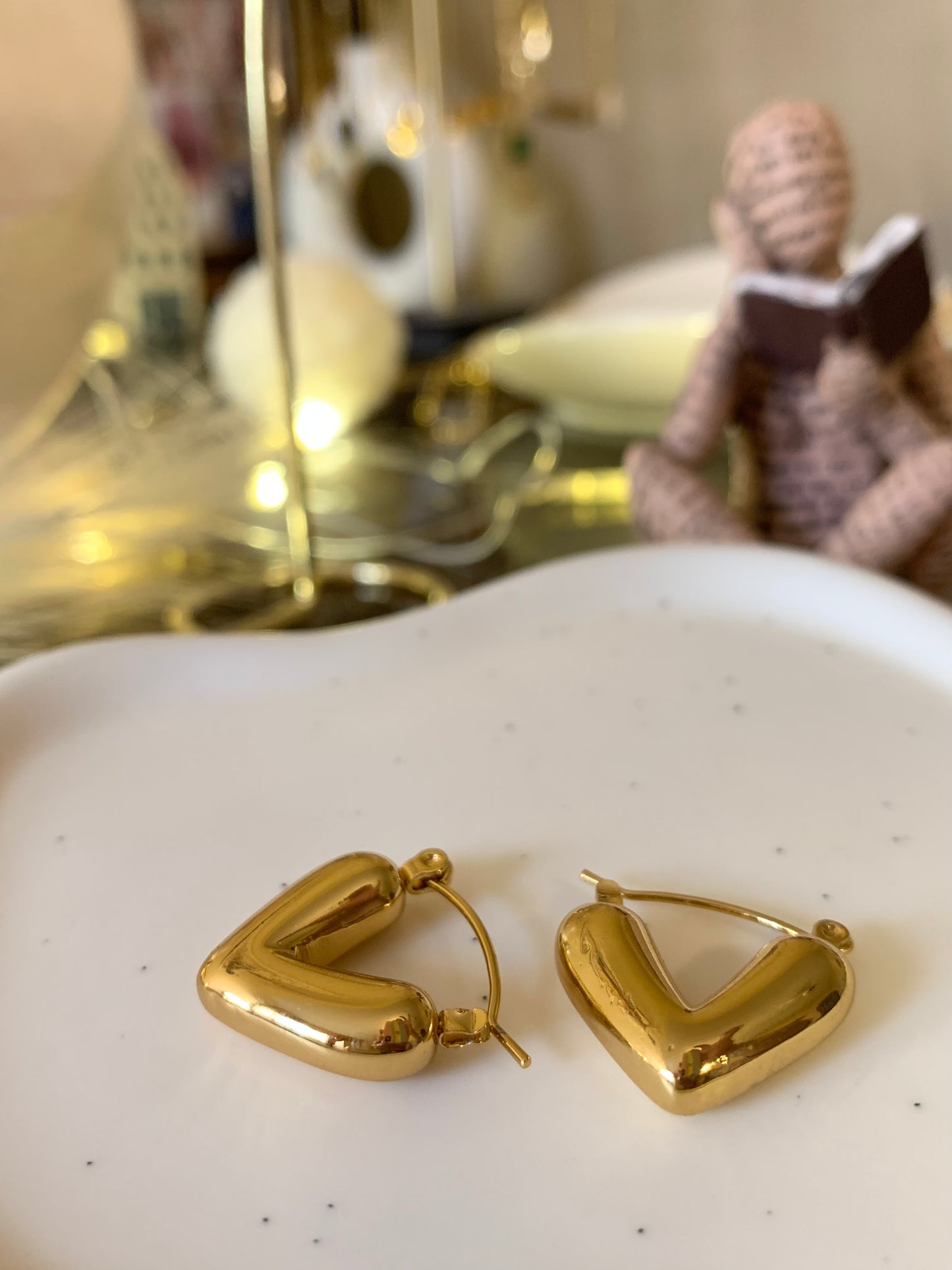 Golden Puff Heart Hoops