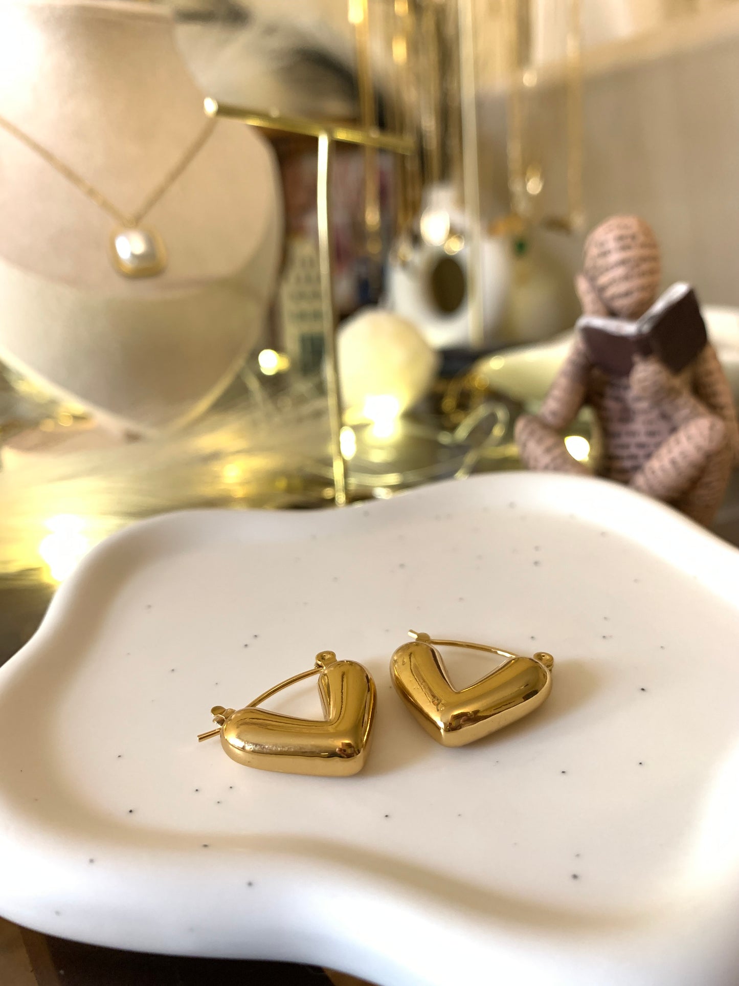 Golden Puff Heart Hoops
