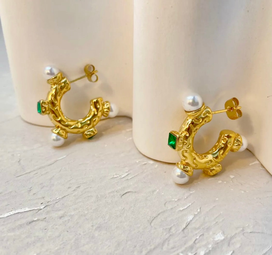 Emerald Pearl Hoops