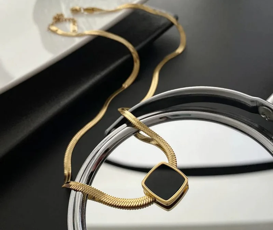 Black Square Onyx Flat Snake Chain Necklace
