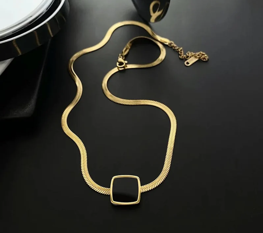 Black Square Onyx Flat Snake Chain Necklace