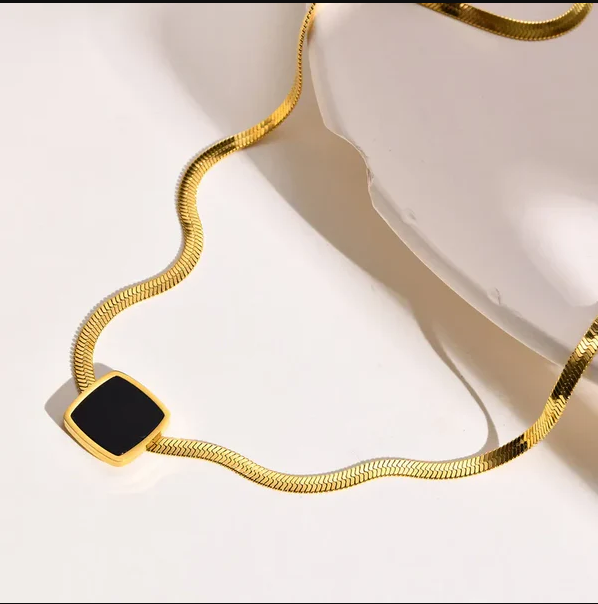 Black Square Onyx Flat Snake Chain Necklace