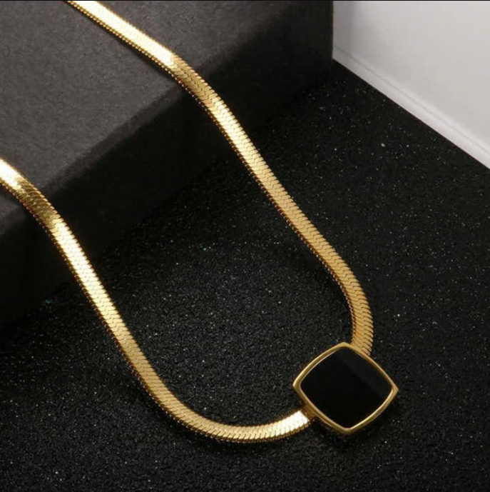 Black Square Onyx Flat Snake Chain Necklace