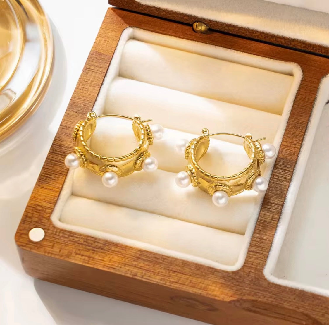 Gold Pearl Hoops