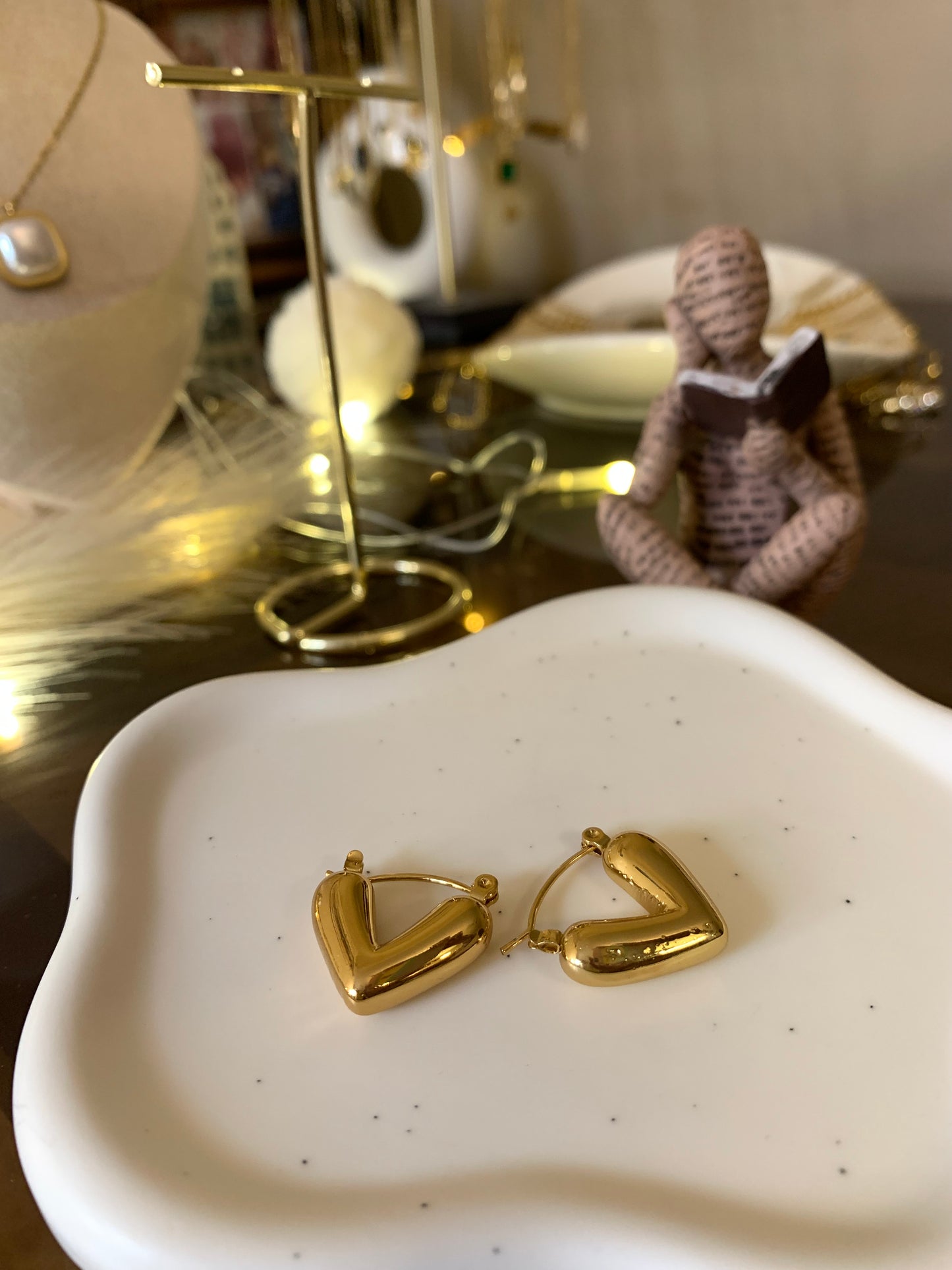 Golden Puff Heart Hoops