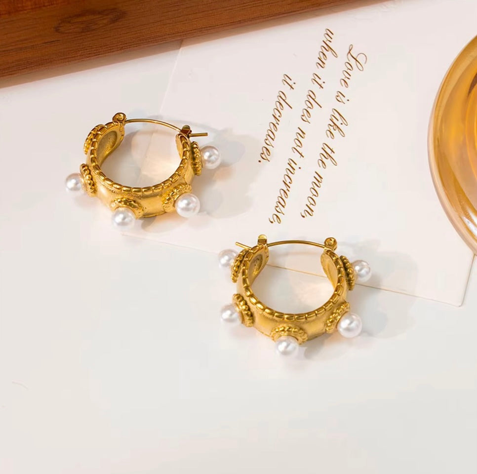 Gold Pearl Hoops