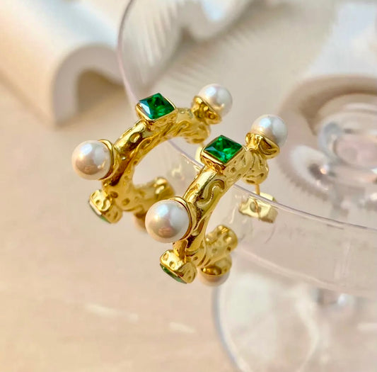 Emerald Pearl Hoops