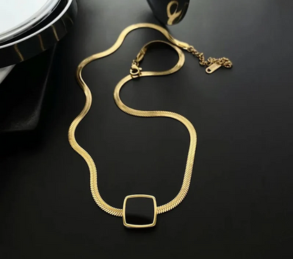 Black Square Onyx Flat Snake Chain Necklace